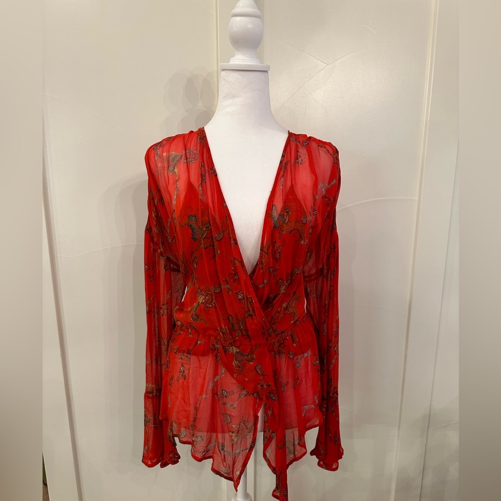 NWT IRO Linette Floral Print Bell Sleeve Chiffon Blouse